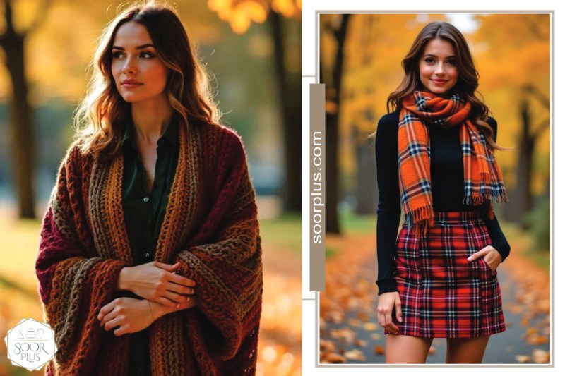 دامن پاییزی با شال و اکسسوریهای پاییزی